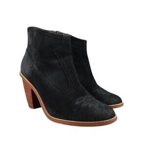 Hinge Shoes Womens 7.5 Booties Western Leather Black Stack Heel Embroidered Zip